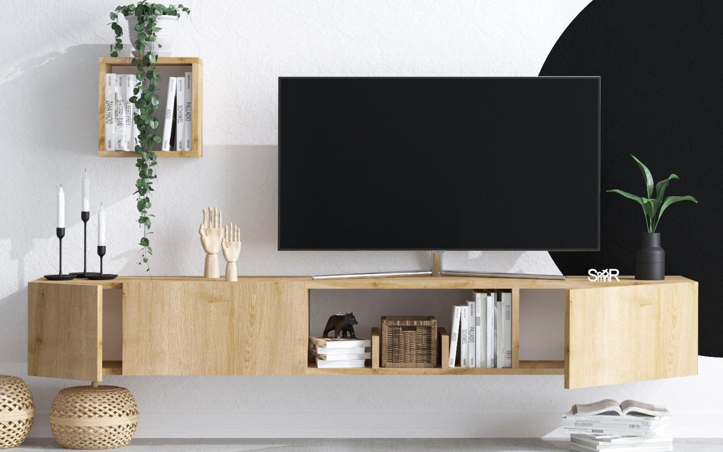 Modul TV + 2 buc. etajera Avior, stejar safir  3